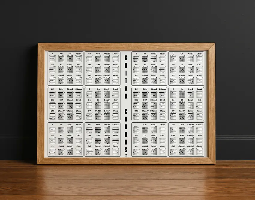Poster accords guitare affiche murale pour guitariste gaucher format horizontal 90x60 cm